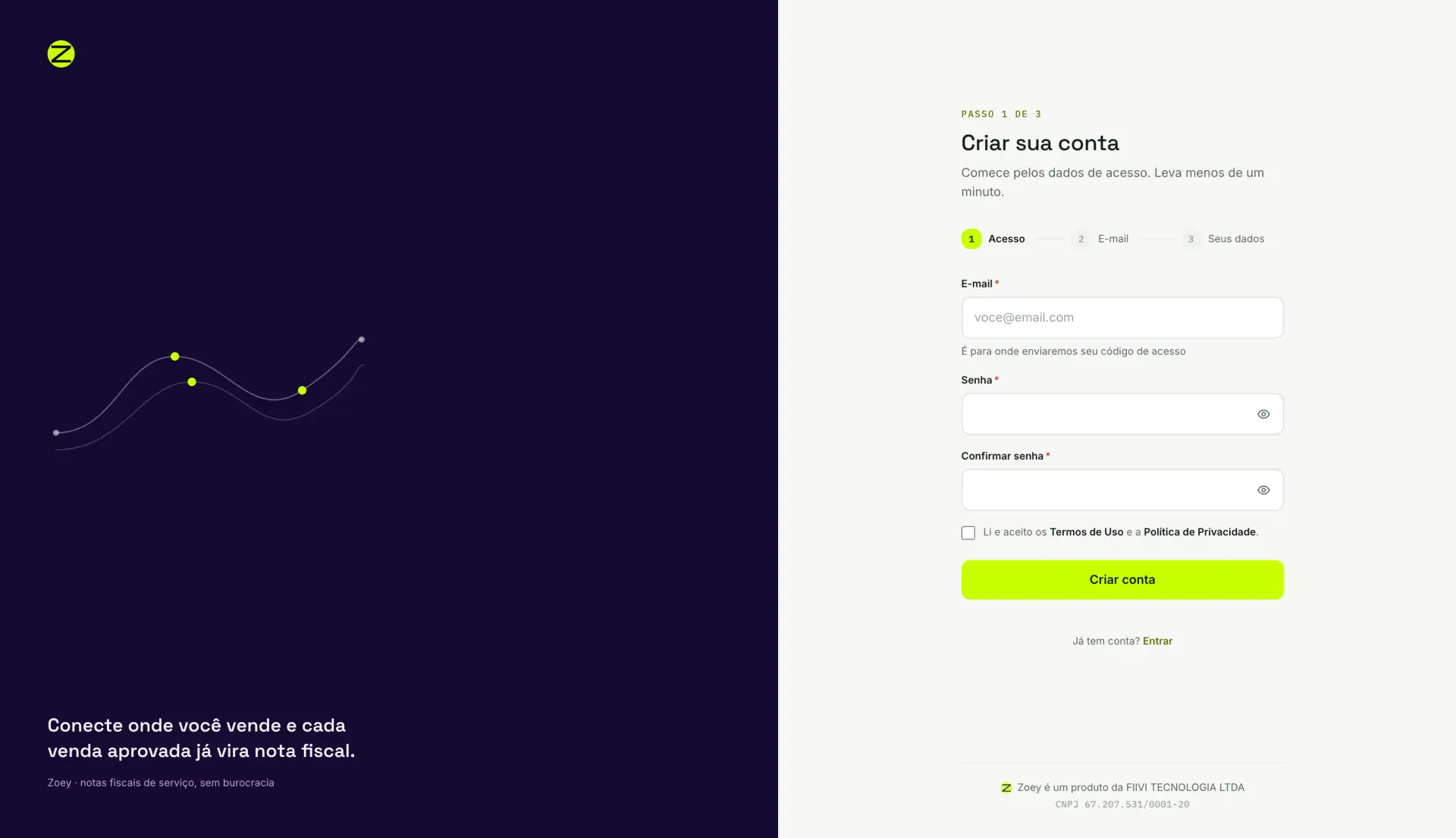 Tela de criação de conta na etapa 1, com campos de e-mail, senha, confirmação de senha e o aceite dos termos.