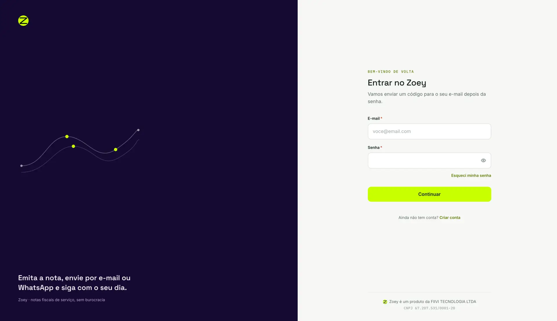Tela de login da Zoey, com campos de e-mail e senha e o link para recuperar a senha.