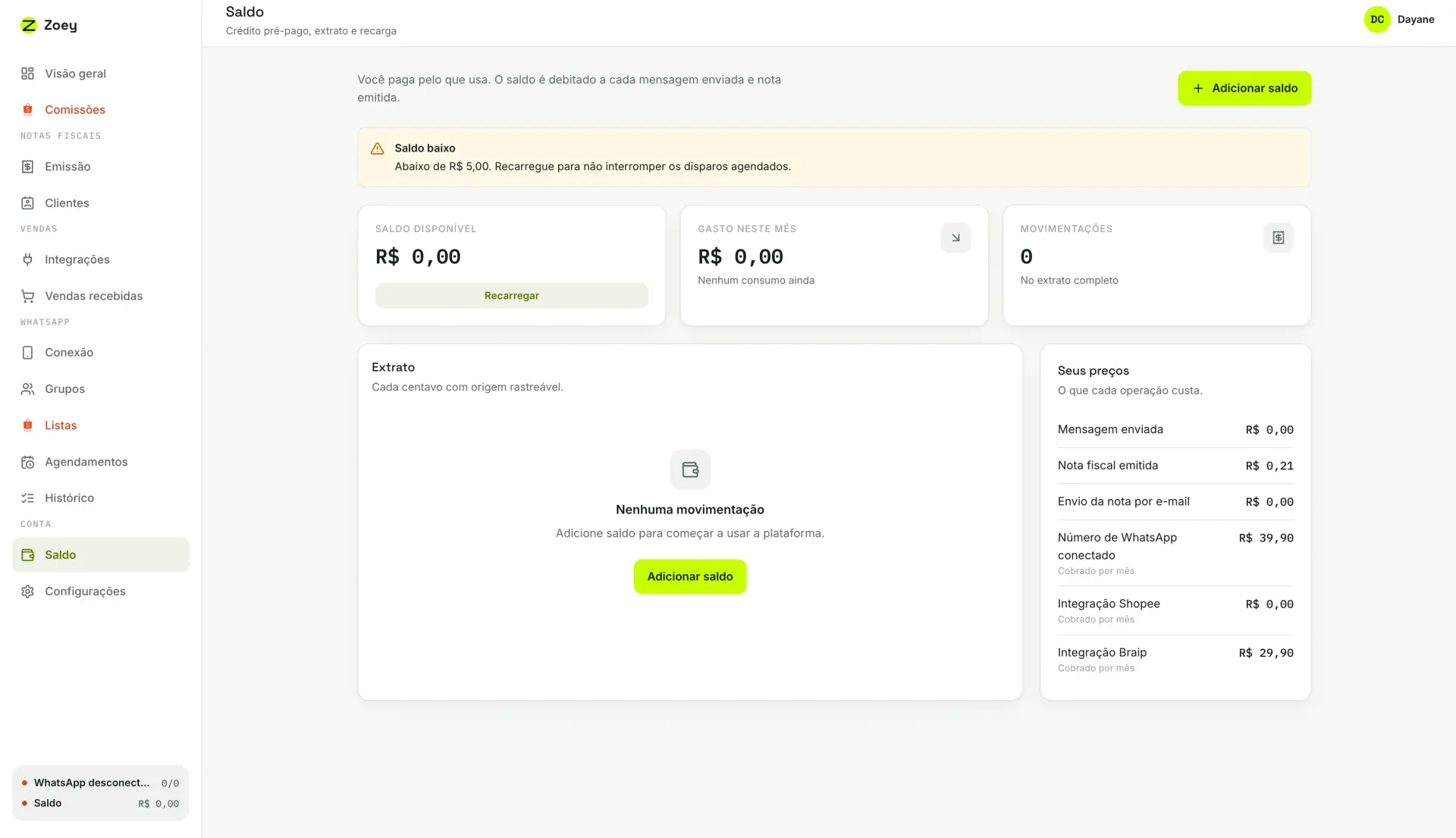 Tela de Saldo mostrando saldo disponível, gasto no mês, movimentações, extrato vazio e a tabela Seus preços.