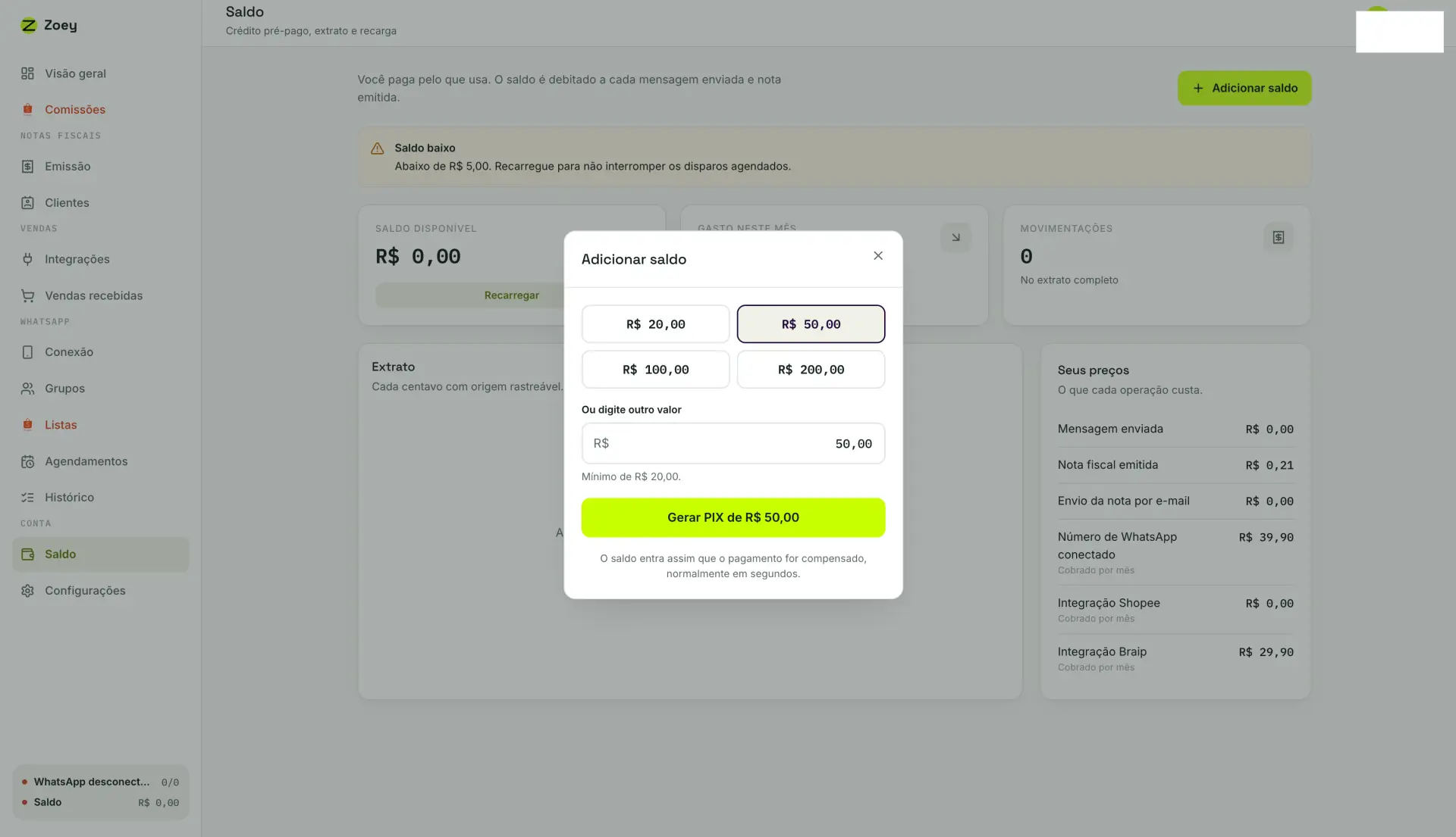 Janela Adicionar saldo com opções de R$ 20, R$ 50, R$ 100 e R$ 200, campo para outro valor e o botão Gerar PIX.