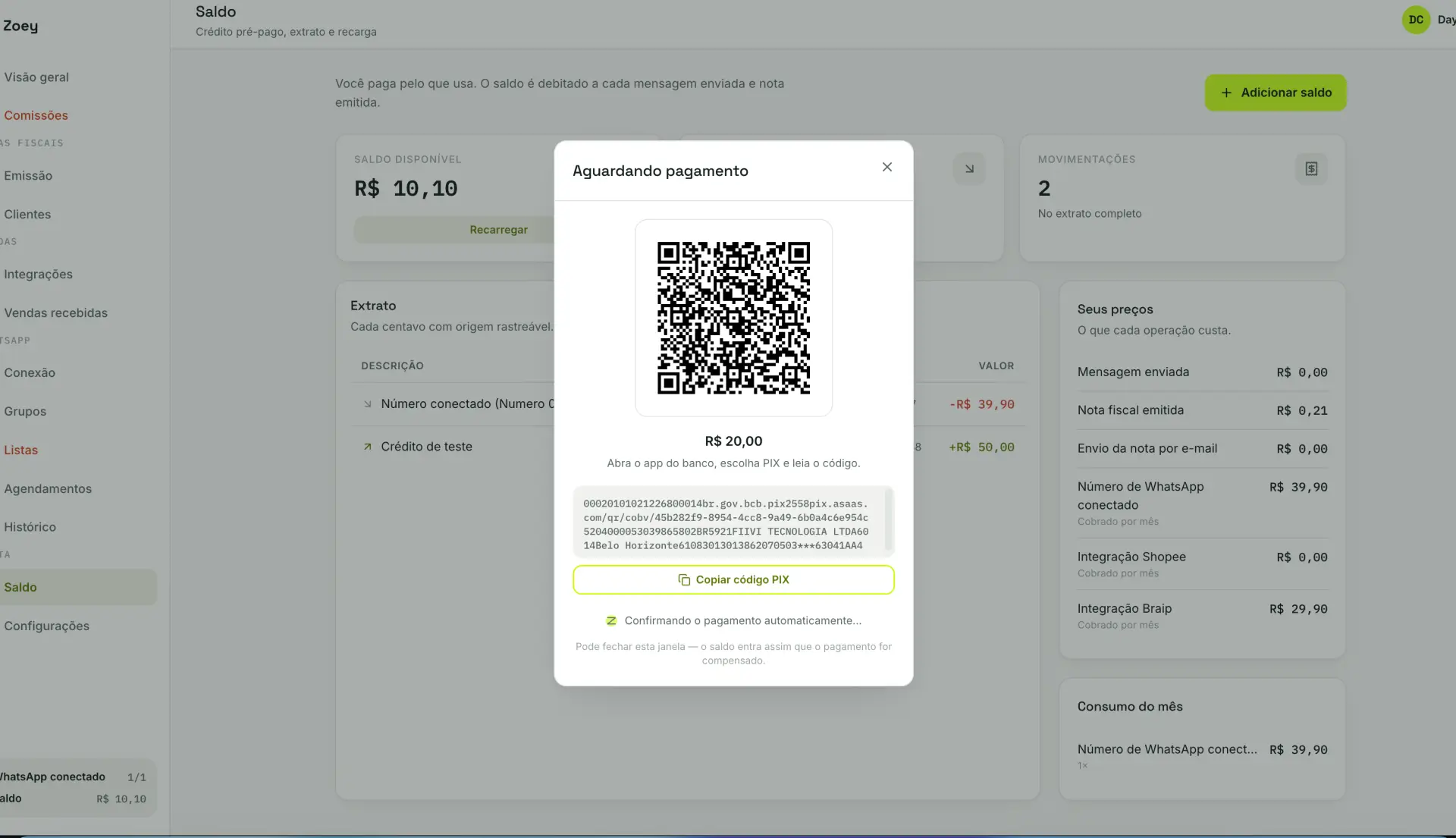 Janela Aguardando pagamento com o QR Code do PIX, o código copia-e-cola e o aviso de confirmação automática.