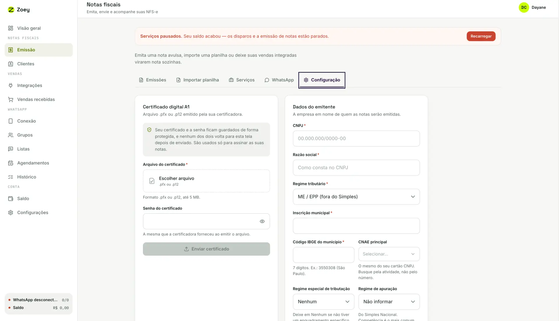 Aba Configuração com o bloco de envio do certificado digital A1 à esquerda e os dados do emitente à direita.