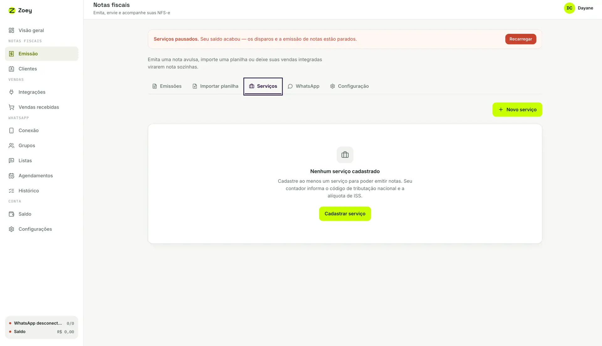 Aba Serviços vazia, com a mensagem de que é preciso cadastrar ao menos um serviço para emitir notas.