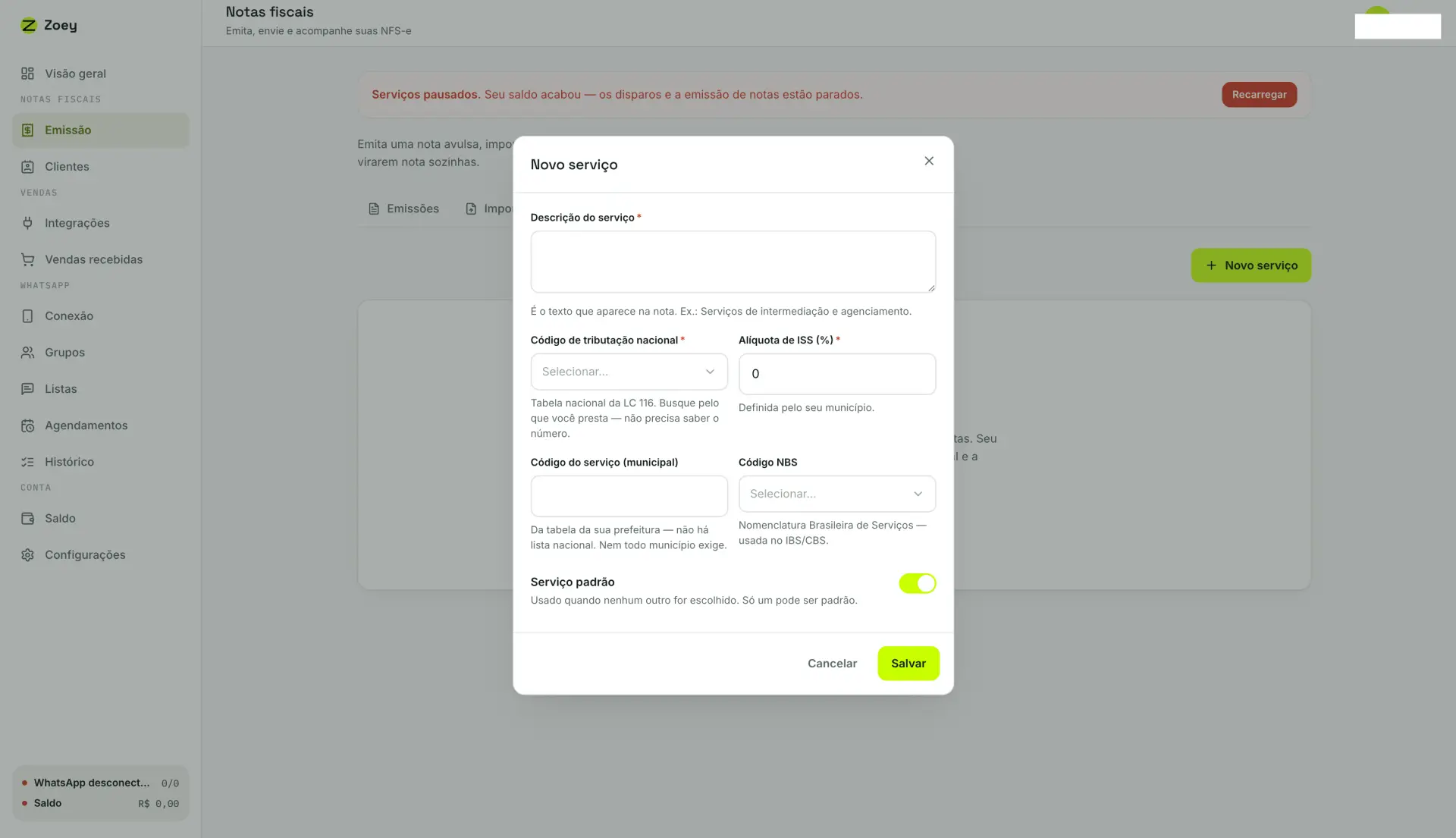Janela Novo serviço com descrição, código de tributação nacional, alíquota de ISS, código municipal, código NBS e a chave de serviço padrão.
