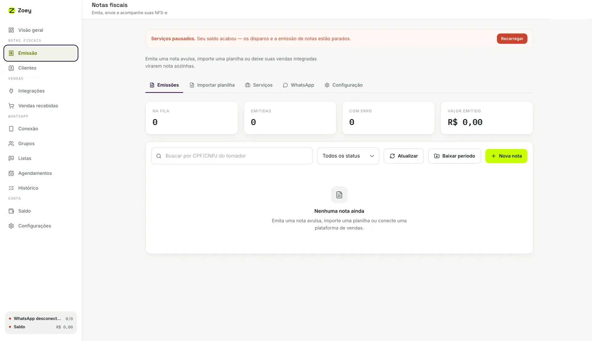 Aba Emissões com os contadores Na fila, Emitidas, Com erro e Valor emitido, a busca por CPF/CNPJ e o botão Nova nota.