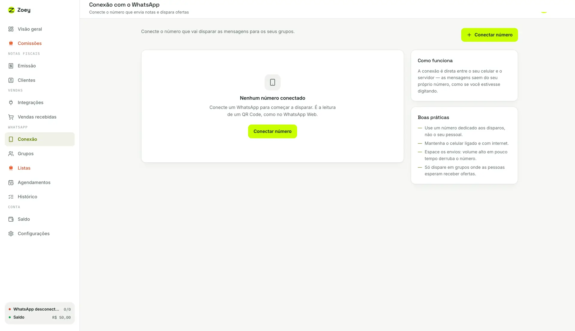 Tela de Conexão com o WhatsApp sem nenhum número conectado, ao lado dos blocos Como funciona e Boas práticas.