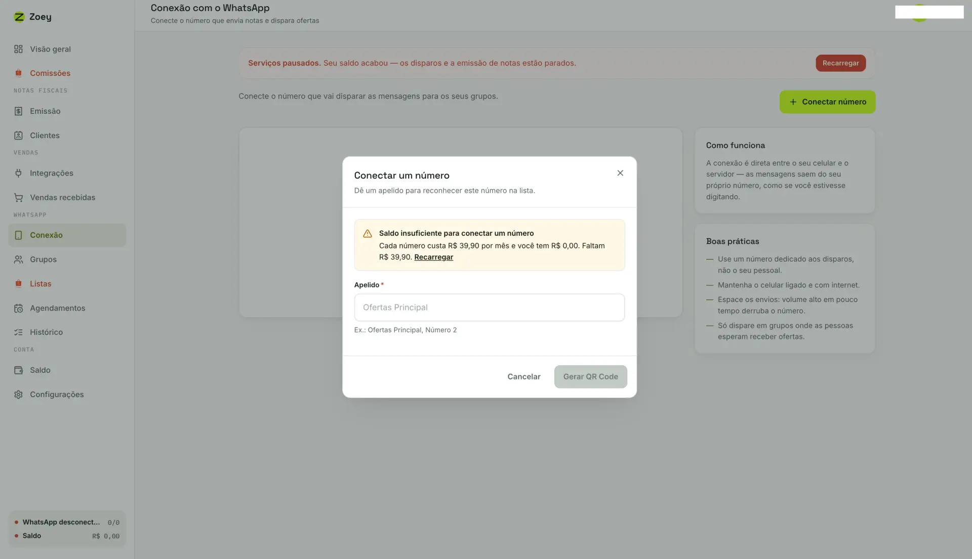 Janela Conectar um número mostrando aviso de saldo insuficiente e quanto falta para conectar.