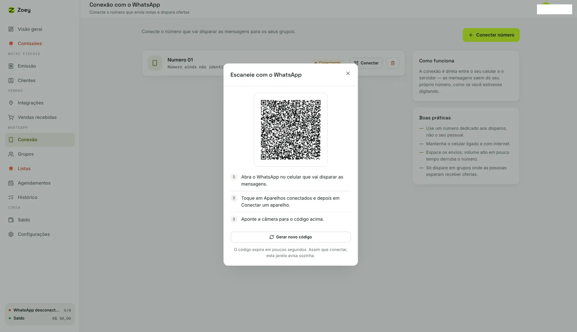Janela Escaneie com o WhatsApp exibindo o QR Code e as três instruções de leitura.