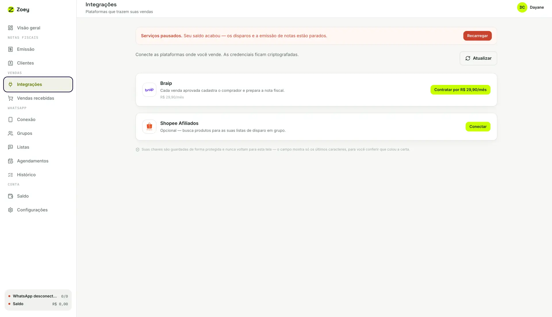 Tela de Integrações com os cartões da Braip e da Shopee Afiliados.