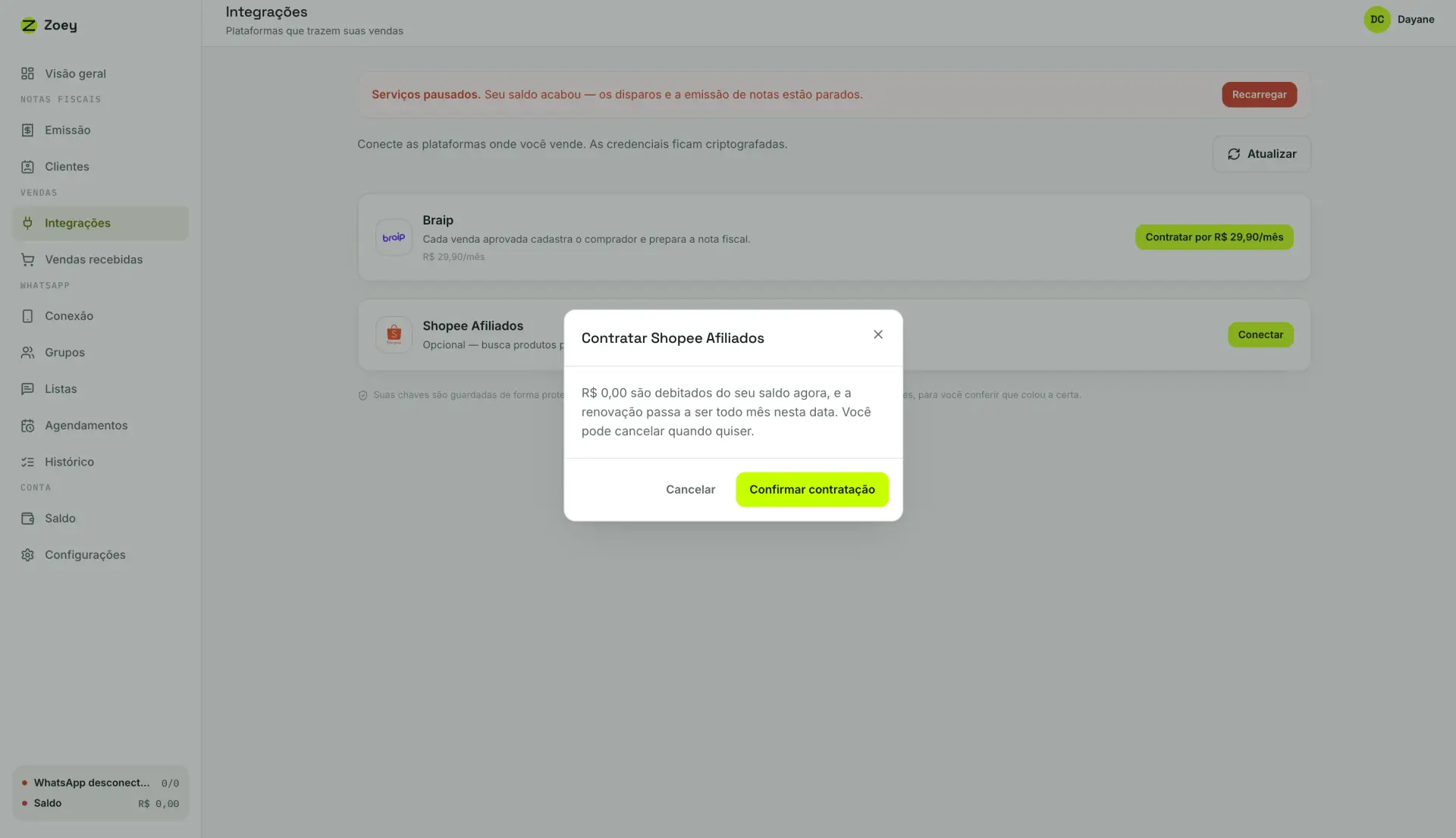 Janela de confirmação para contratar a integração Shopee Afiliados.