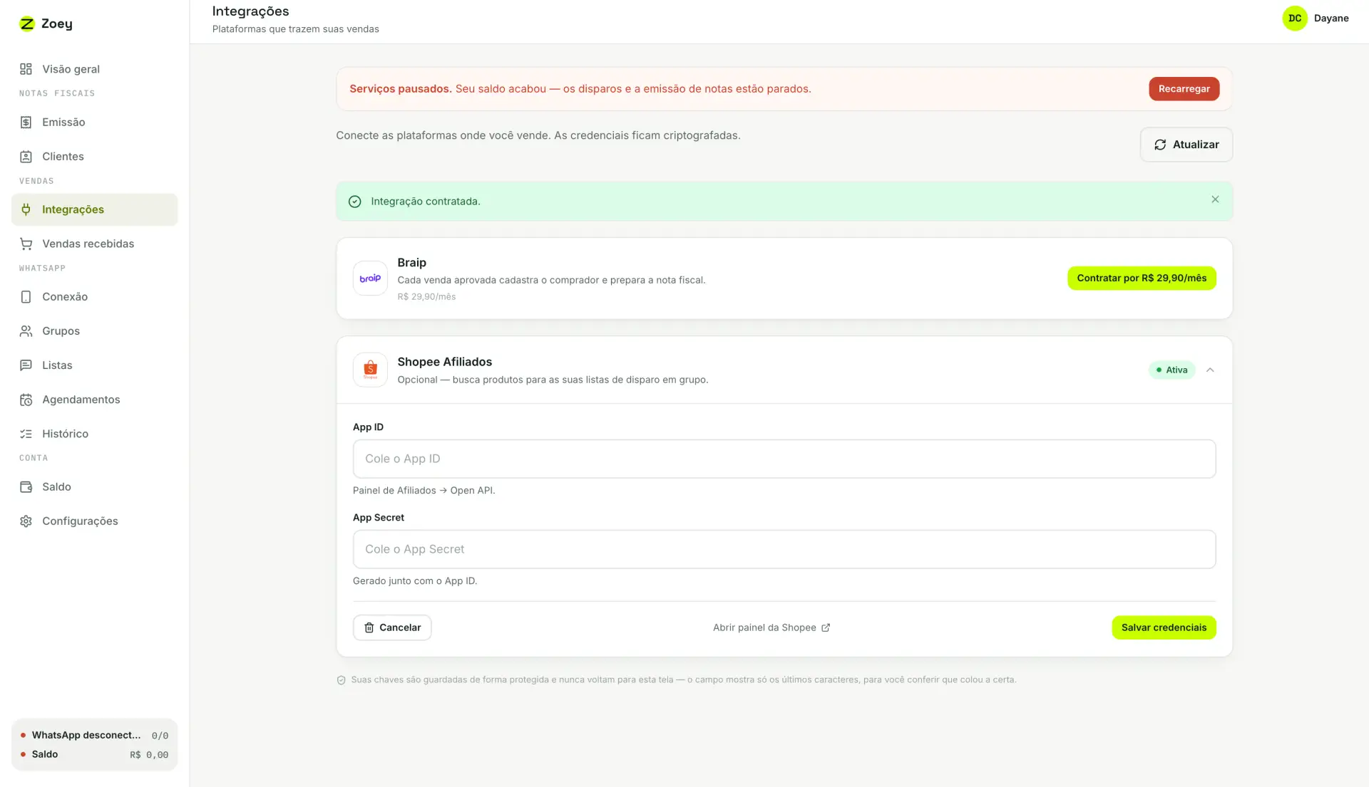 Cartão da Shopee Afiliados expandido, com os campos App ID e App Secret e o botão Salvar credenciais.