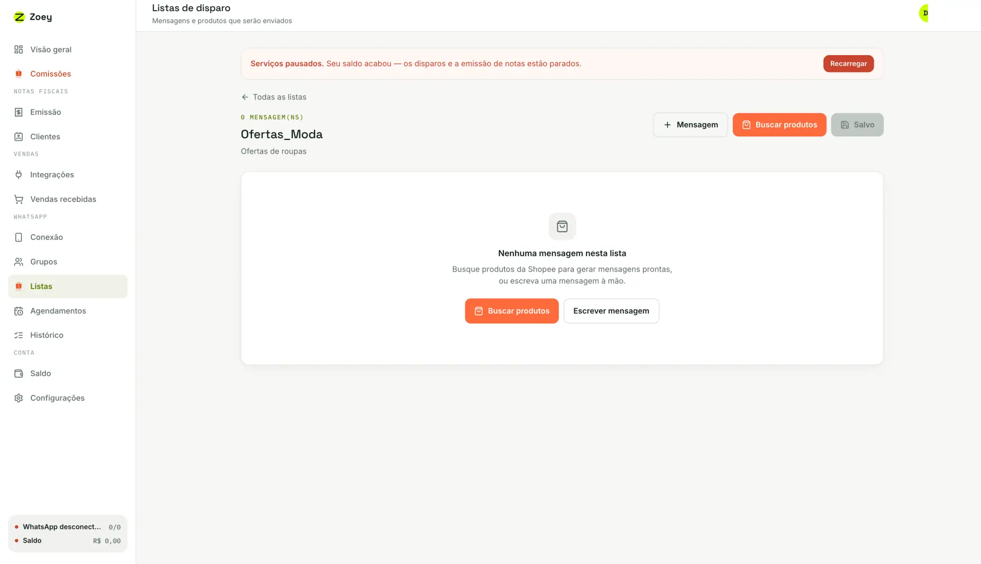 Lista Ofertas_Moda recém-criada, ainda sem mensagens.