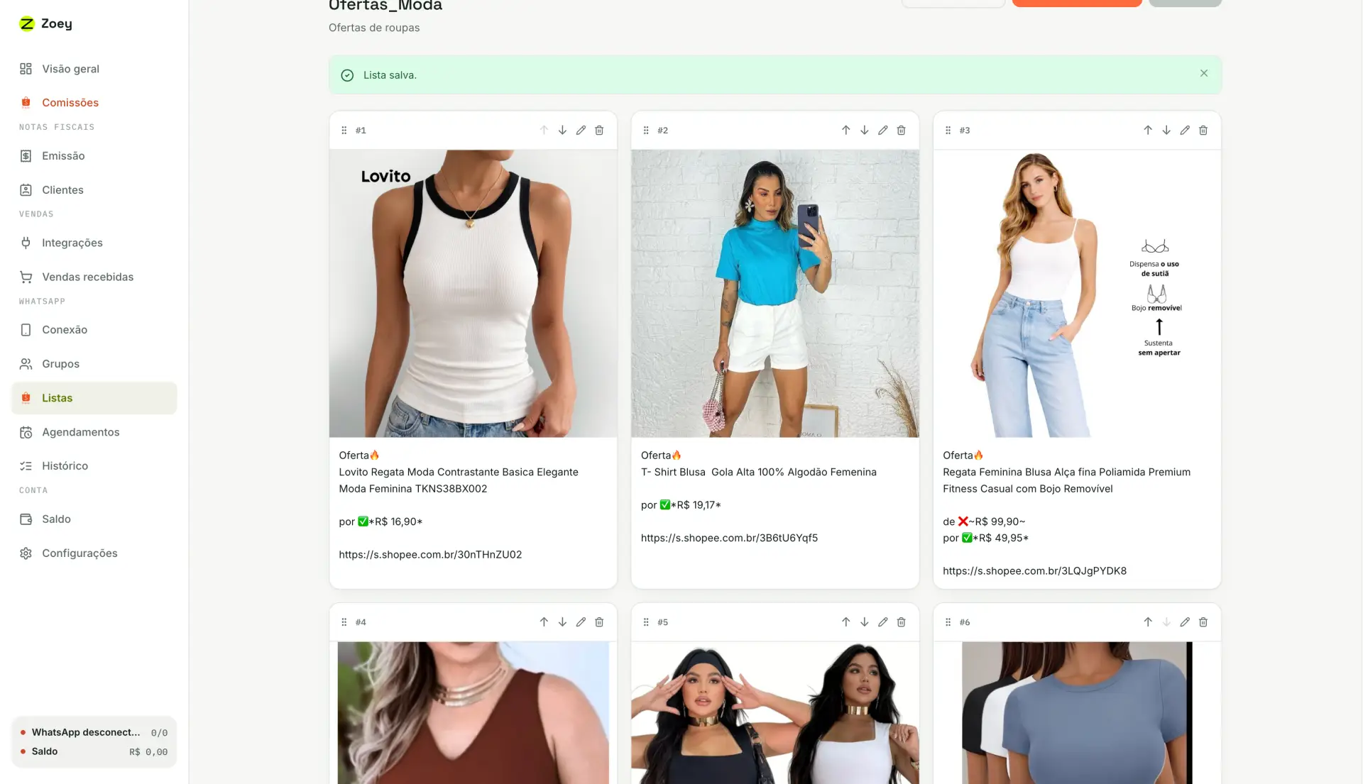 Lista Ofertas_Moda salva, com os cartões de produtos numerados, cada um com imagem, texto, preço e link de afiliado.